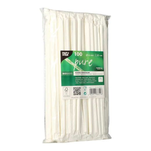 Papiertrinkhalme flexibel Flexhalme Ø 6 mm 20 cm weiss einzeln gehüllt, 100 Stk.