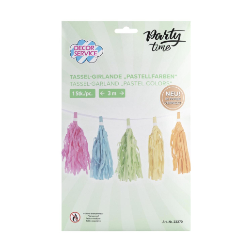 Tassel-Girlande 'Pastellfarben' aus Papier schwer entflammbar 3m, 1 Stk.