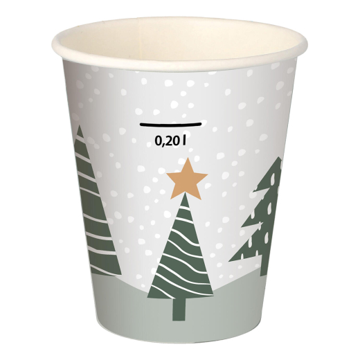 Heißgetränkebecher Pappbecher 'Tannenwald & Weihnachtsstern' 200ml mit Eichstrich , 50 Stk.