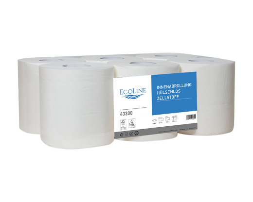 EcoLine Putzpapier Innenabrollung hülsenlos unperforiert, 1-lagig Zellstoff hochweiß, 20cm x 300m, 6 Rollen