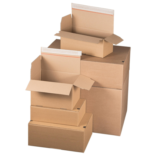 Schnellaufrichtekarton 220x220x73mm Selbstklebeverschluss Aufreißfaden Automatikboden braun