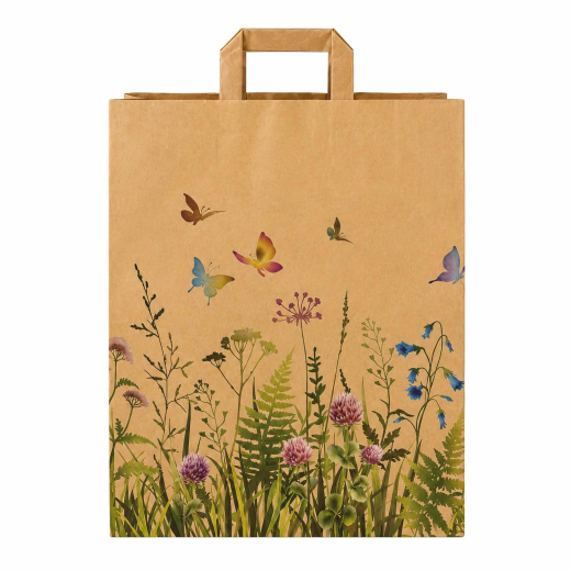 Papiertragetaschen aus Kraftpapier 320+120x400mm Blumengarten Flachhenkel EAN-Code braun