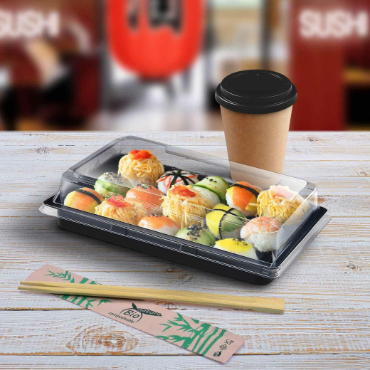 Sushi Schalen schwarz Set mit Deckel transparent PP/rPET 260 x 190 x 45 mm, 50 Stk.
