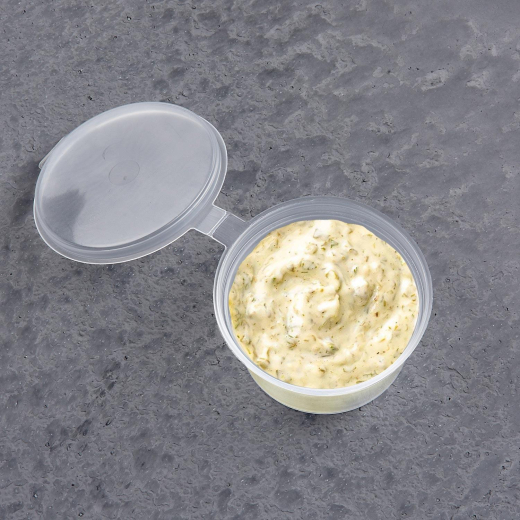 Dressingbecher Saucenbecher mit anhängendem Deckel 120ml, transparent, aus PP, 50 Stk.