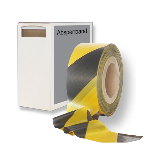 Absperrband gelb schwarz gestreift 35 my 75 mm breit 500 m 100 % Rezyklat im Spenderkarton
