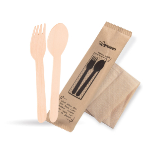 Bestecksets aus Holz 3-teilig Gabel Löffel Serviette hygienisch verpackt, 50 Sets